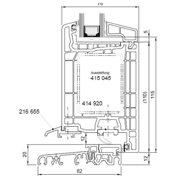 Salamander 76 - Haustür mit flacher Bodenschwelle - innen öffnen technische Zeichnung einer nach innen öffnenden Salamander 76 Haustür