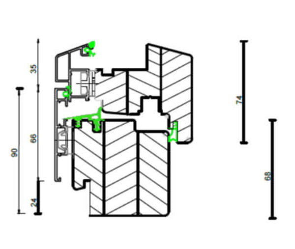 technische Zeichnung von Holz-Aluminium Fenster Linear