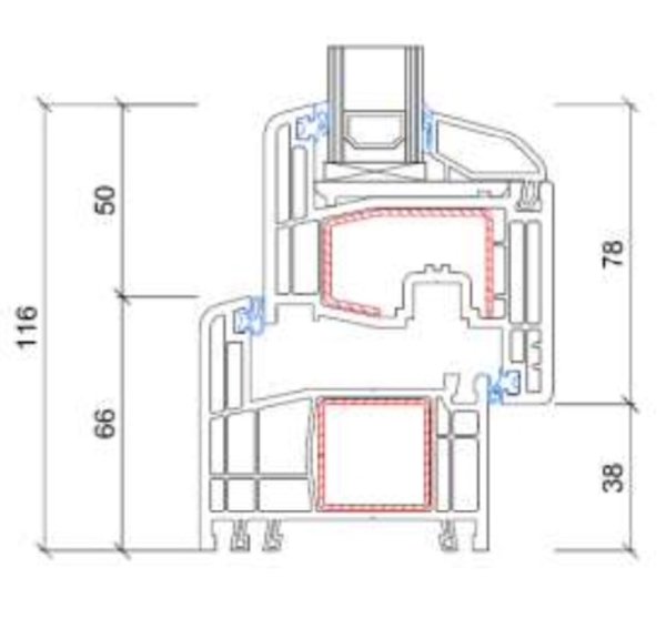 Technische Zeichnung von STOLMA Gealan S 8000 Fenster - 66mm foliert - Blendrahmen Nr. 8001 - Flügel Nr. 8092 Schnitt
