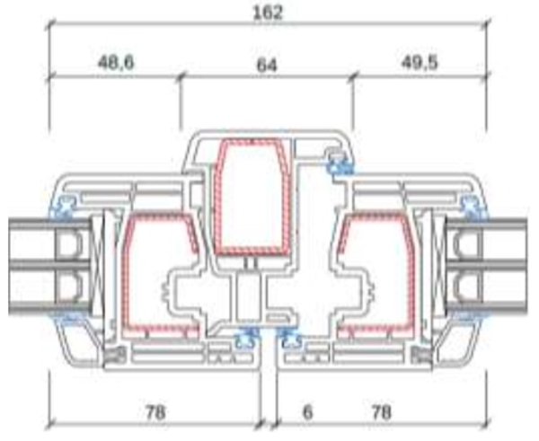 Technische Zeichnung von STOLMA Gealan S 8000 Fenster - mit Stulp foliert - Stulp Nr. 8080 - Flügel Nr. 8092 Schnitt
