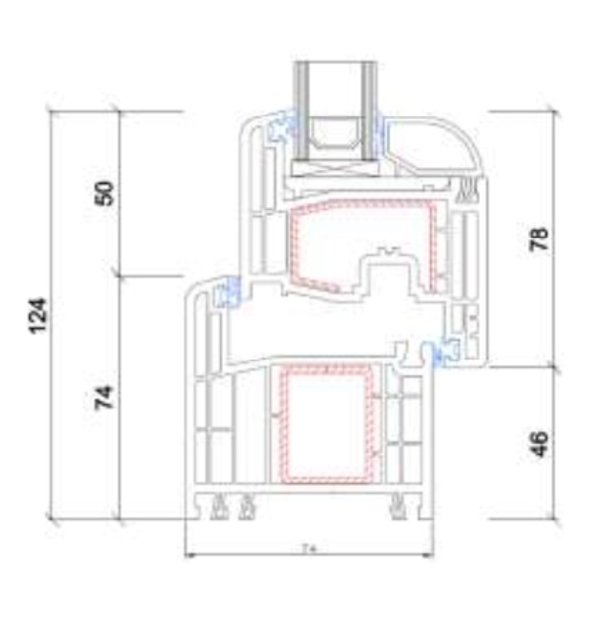 Technische Zeichnung von STOLMA Gealan S 8000 Fenster - 74mm foliert - Blendrahmen Nr. 8010 - Flügel Nr. 8092 Schnitt