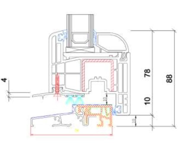 Technische Zeichnung von STOLMA Gealan S 8000 Fenster - flache Schwelle - Blendrahmen Nr. 8010 - Flügel Nr. 8076 Schnitt