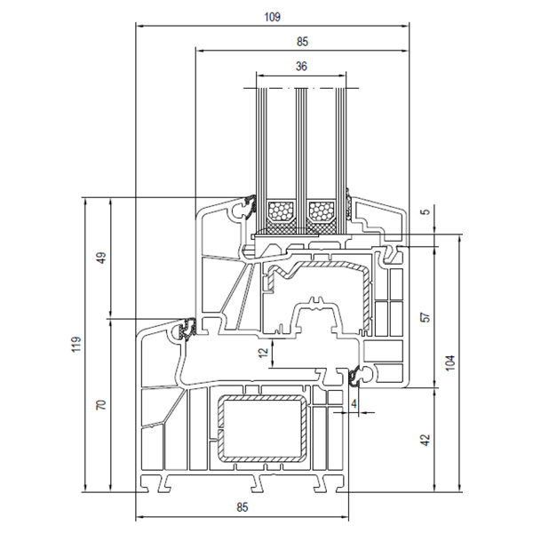Technische Zeichnung von STOLMA Aluplast 7000 Fenster - Dreh-Kipp - DK - Blendrahmen Nr. 170x02 - Flügel Nr. 170x20 Schnitt