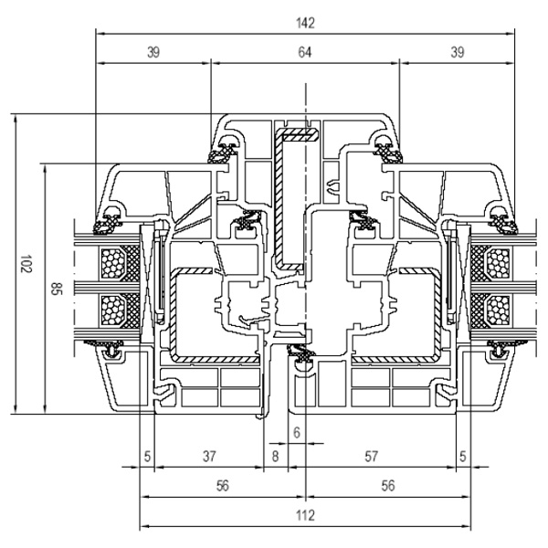 Technische Zeichnung von STOLMA Aluplast 8000 Fenster - Dreh-Kipp - Dreh mit Stulp - (DK-D) - Stulp Nr. 180x64 - Flügel Nr. 180x20  Schnitt