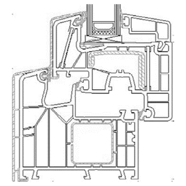 Technische Zeichnung von STOLMA Aluplast 8000 Aluskin Fenster - Dreh-Kipp - DK - Blendrahmen Nr. 180x05 - Flügel Nr. 180x20  Schnitt