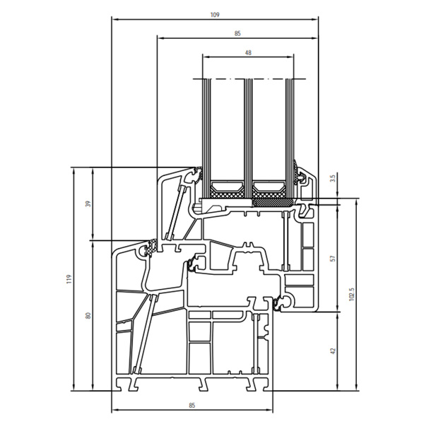 Technische Zeichnung von STOLMA Aluplast 8000 Energeto Fenster - Dreh-Kipp - DK - Blendrahmen Nr. 080004 - Flügel Nr. 080020  Schnitt