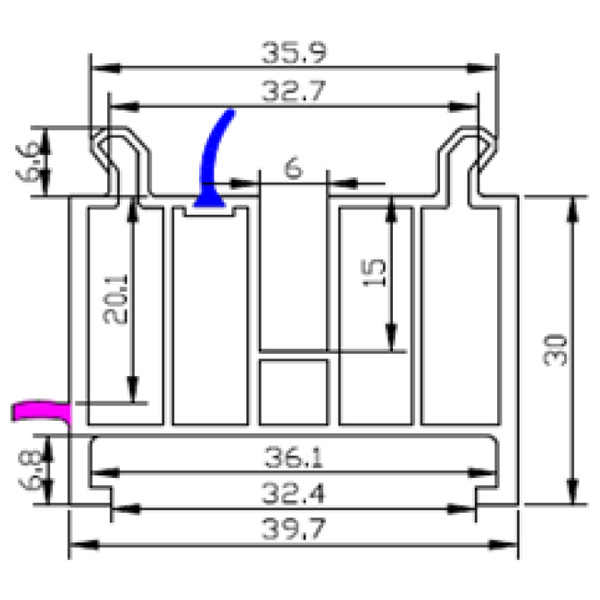 Technische Zeichnung von STOLMA Aluplast Fensterbankanschlussprofil 30mm - FBA Nr. ASO1P2PU Schnitt