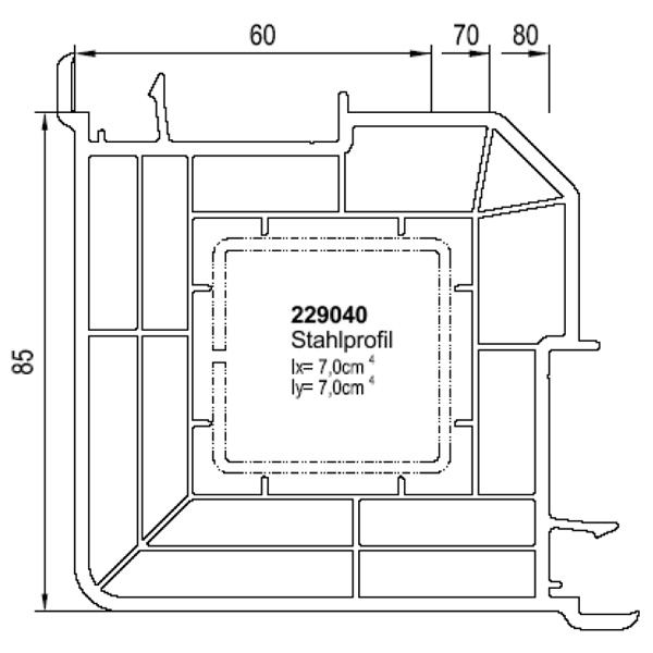 Technische Zeichnung von STOLMA Aluplast Eckkopplung 90° - Kopplung Nr. 140248 - Stahlprofil Nr. 229040 Schnitt