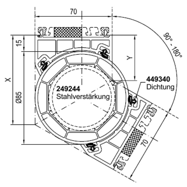 Technische Zeichnung von STOLMA Aluplast Eckkopplung variabel - Kopplung Nr. 140244, Adapter Nr. 140243 Schnitt