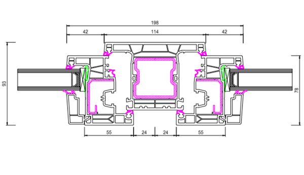 Technische Zeichnung von STOLMA Aluplast Neo Fenster - Fenster Dreh-Kipp breiter Pfosten 114mm - Blendrahmen Nr. 160x43 - Flügel Nr. 160x20 Schnitt