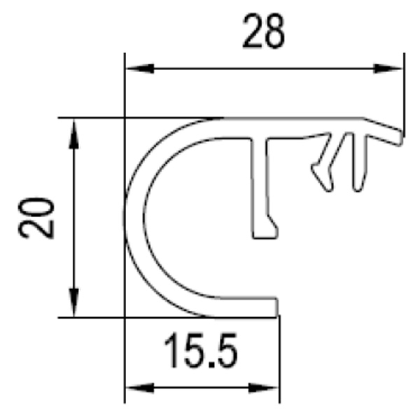 Technische Zeichnung von STOLMA Aluplast Abrollleistet - Abrollleiste weiß Nr. 190274, Abrollleiste braun Nr. 191274 Schnitt