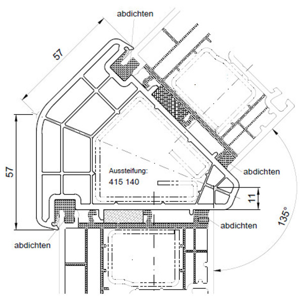 Technische Zeichnung von STOLMA Salamander Kopplung - Eckkopplung 135° - Kopplung Nr. 416240 - Verstärkung Nr. 415140 - Schnitt