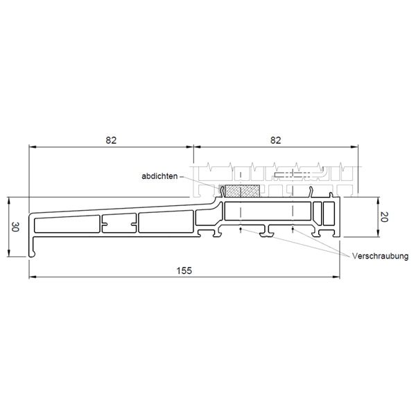 Technische Zeichnung von STOLMA Salamander Fensterbankanschlussprofil 155x30mm - FBA Nr. NP0820 - Endkappen Nr. ES0960 - Schnitt