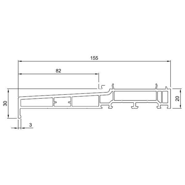 Technische Zeichnung von STOLMA Salamander Fensterbankanschlussprofil 155x30mm - FBA Nr. NP0820 - Endkappen Nr. ES0960 - Schnitt