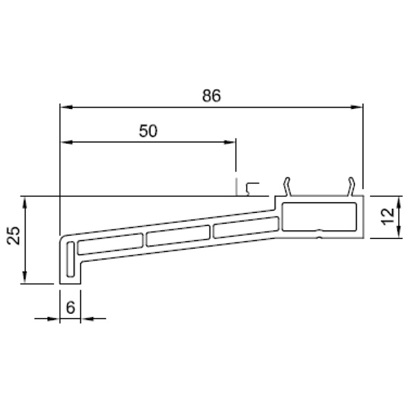 Technische Zeichnung von STOLMA Salamander Fensterbankanschlussprofil 86x25mm - FBA Nr. NP0960 - Endkappen Nr. ES0960 - Schnitt