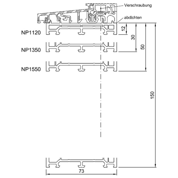 Technische Zeichnung von STOLMA Salamander Verbreiterung 150mm - 150mm Nr. NP3300 - Schnitt