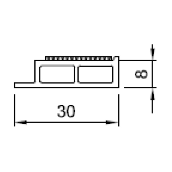 Technische Zeichnung von STOLMA Salamander Zubehör - Abdeckleiste selbstklebend für 82 - 30x8mm - Abdeckleiste weiss Nr. 416337 - foliert Nr. 640736 - Schnitt