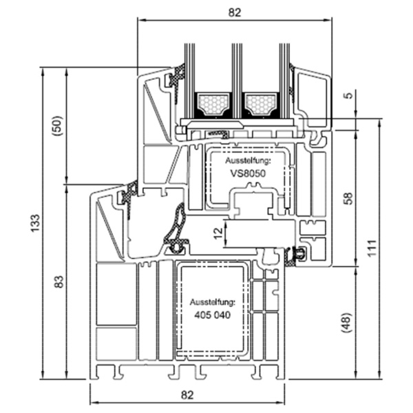 Technische Zeichnung von STOLMA Salamander 82 Fenster - Dreh-Kipp mit flacher Schwelle - DK -  Blendrahmen Nr. HO9030 - Flügel Nr. HO8520 - Schnitt