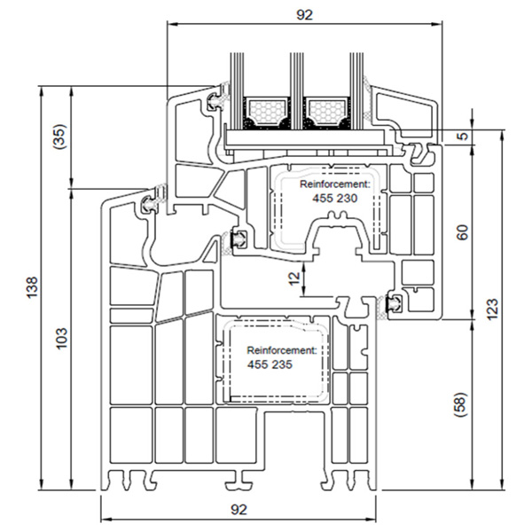 Technische Zeichnung von STOLMA Salamander 92 Fenster - Breiter Blendrahmen 103mm Dreh-Kipp - (DK) - Breiter Blendrahmen Nr. 170430 - Flügel Nr. 171820 - Schnitt