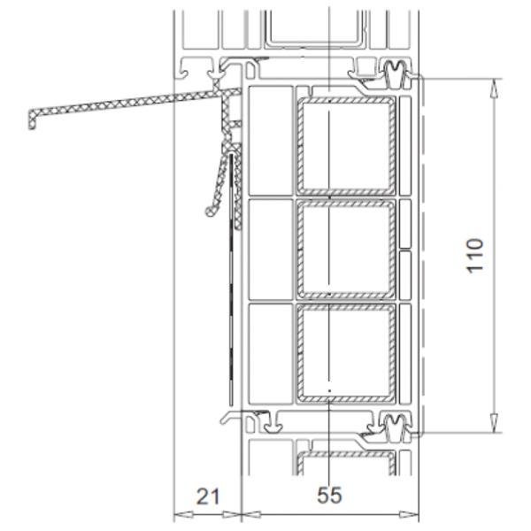Technische Zeichnung von STOLMA VEKA Balkonanschlussprofil - Balkonanschlussprofil 110mm - Balkonanschlussprofil Nr. 109121 - Verstärkung Nr. 113025 - Schnitt