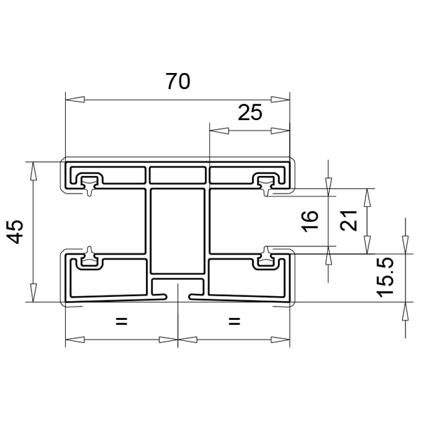 Technische Zeichnung von STOLMA VEKA Rollladenzubehör - Doppelte Rollladenführung - Rollladenführung Nr. 1080741 - Einlauftrichter Nr. 108075 - Schraubklemmnippel Nr. 108016 - Schnitt