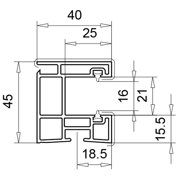 Technische Zeichnung von STOLMA VEKA Rollladenzubehör - Rollladenführung - Rollladenführung Nr. 108158 - Einlauftrichter Nr. 108088 - Endkappe Nr. 108076 - Schraubklemmnippel Nr. 108016 - Schnitt
