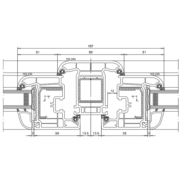 Technische Zeichnung von STOLMA VEKA Swingline Fenster - Dreh Kipp - Dreh Kipp mit festem Pfosten - (DK-DK) - Flügel Nr. 101235 - Pfosten Nr. 102249 - Schnitt