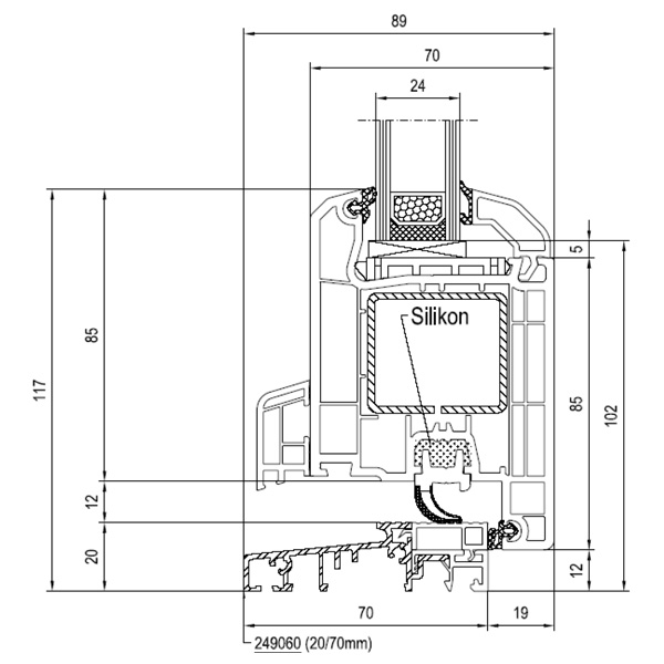 Technische Zeichnung von STOLMA Aluplast 4000 Haustür - Nebeneingangstür - Aluminiumbodenschwelle - Flügel Nr. 140x30 Schnitt