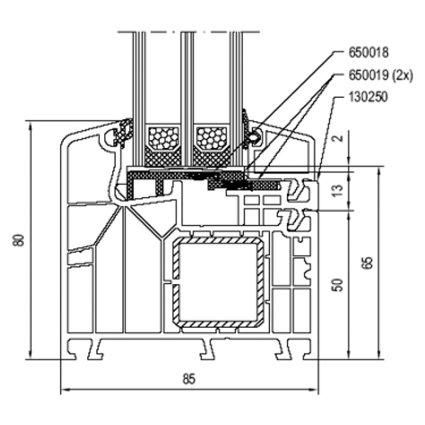 Technische Zeichnung von STOLMA Aluplast 8000 Haustür - Haustür Festverglasung - Blendrahmen Nr. 180x05  Schnitt