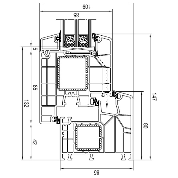 Technische Zeichnung von STOLMA Aluplast 8000 Haustür - Haustür nach innen öffnend - Blendrahmen Nr. 180x05 - Flügel Nr. 180x30 Schnitt