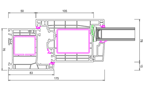Technische Zeichnung von STOLMA Aluplast Neo Haustür - Haustür nach außen öffnend - Blendrahmen Nr. 160x02 - Flügel Nr. 160x35 Schnitt