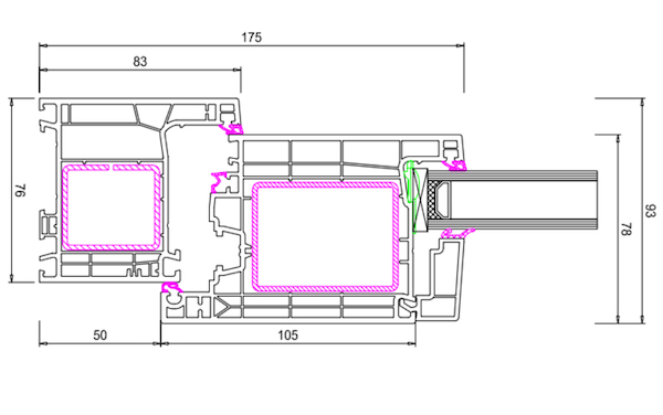 Technische Zeichnung von STOLMA Aluplast Neo Haustür - Haustür nach innen öffnend - Blendrahmen Nr. 160x02 - Flügel Nr. 160x33 Schnitt