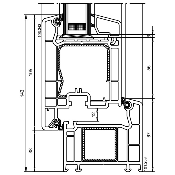 Technische Zeichnung von STOLMA VEKA SL 70 Haustür - Nebeneingangstür nach außen öffnend - Blendrahmen Nr. 101208 - Flügel Nr. 103242 - Schnitt